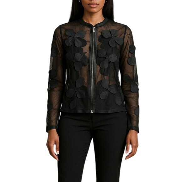 Dolce Cabo Size Medium Jacket Sheer Mesh Floral Black Flower Accents Zip Front - Picture 1 of 8